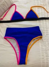 Bikini de tres puntos para mujer, traje de baño de dos piezas, de cintura alta, unicolor