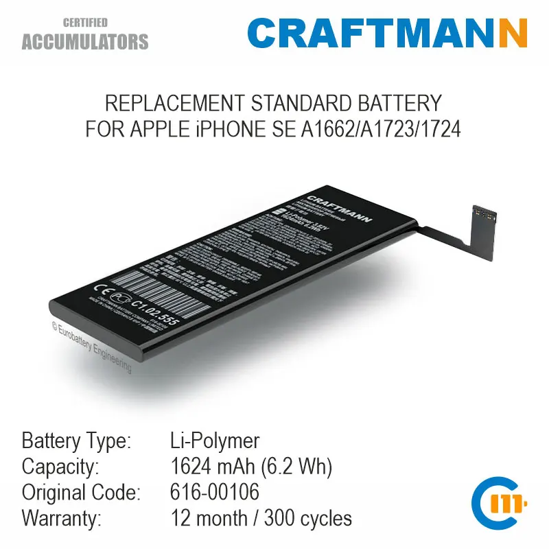 Battery 1624mAh for APPLE iPHONE SE A1662/A1723/1724 (616-00106) 
Battery 1624mAh for APPLE iPHONE SE A1662/A1723/1724 (616-00106)