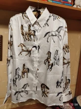 Satin Shirt Blouse Casual Long-Sleeve Horse-Print Loose Tops Turndown-Collar Blusas Female