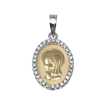 Gold medal two-tone 18k Virgin Girl 20mm. Fence zircons center matte Virgin brightness
Gold medal two-tone 18k Virgin Girl 20mm. Fence zircons center matte Virgin brightness
