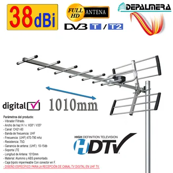 DEPALMERA | Outdoor Digital TV antenna 1010mm FULL HD UHF 38 dBi TDT DVB-T DVB-T2 HDTV from Spain
DEPALMERA | Outdoor Digital TV antenna 1010mm FULL HD UHF 38 dBi TDT DVB-T DVB-T2 HDTV from Spain