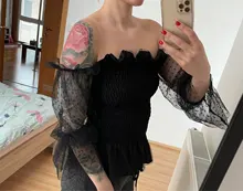 Wsevypo-Blusa Sexy con hombros descubiertos para mujer, camisas con mangas acampanadas de malla, top de manga larga transparente con volantes de encaje