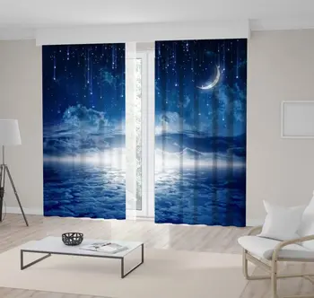 

Curtain New Moon Stars Clouds Glowing Horizon Astrology Nature Mystrical Dreamy Scenery Art Printed Blue White
