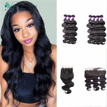 

Raw Indian Human Hair Bundles With Lace Closure Frontal Deal Body Wave Non Remy 30 Inches Weaving Wet Wavy Hair 1 3 4 Bundles