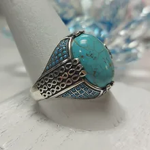 Anillo de plata de primera ley con piedra turquesa Natural para hombre y mujer, sortija, plata esterlina 925, Estilo Vintage, turco