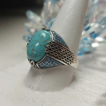 Anillo de plata de primera ley con piedra turquesa Natural para hombre y mujer, sortija, plata esterlina 925, Estilo Vintage, turco