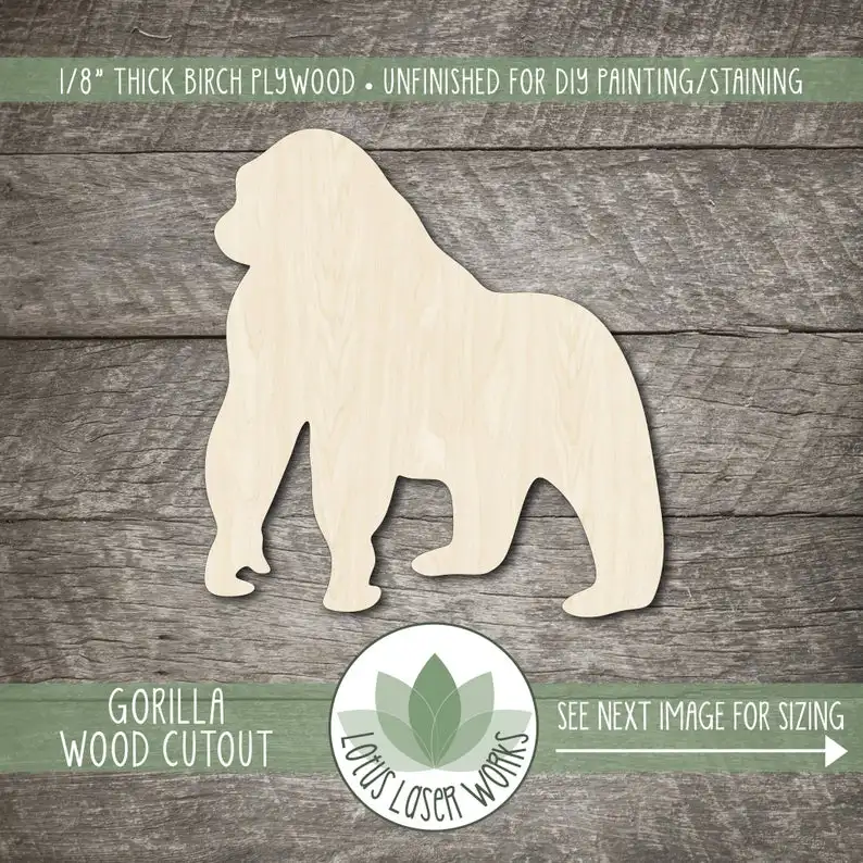 

Wood Gorilla Shape, Blank Wood Craft Embellishments, Wooden Gorilla Cutout, Wood Jungle Animal Shapes