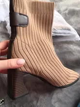 SLHJC-Botines de tela de punto para mujer, botas de tacón alto y tejido elástico, sin cordones, con punta cuadrada, para Otoño e Invierno