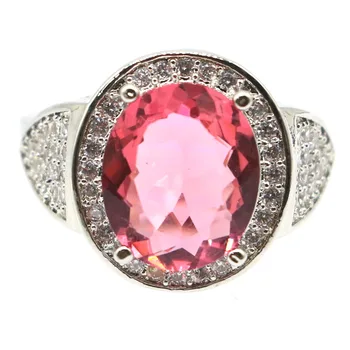 

20x15mm SheCrown Luxury Created Pink Tourmaline White Cz Gift For Sister Wedding Silver Rings