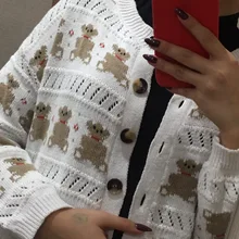 Thin Sweater Button Neck-Cardigan Knitted Beige PERHAPS Bear Women Outwear Short O-Neck