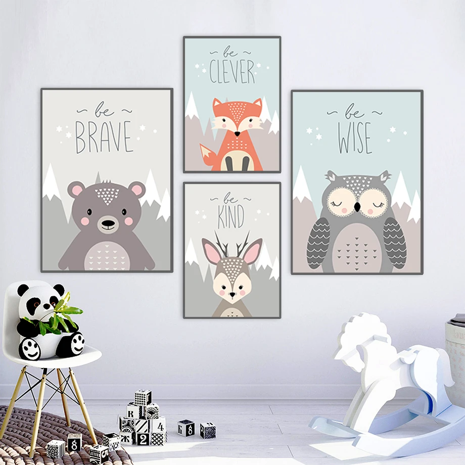 

Cartoon Mountain Fox Deer Bear Owl Nursery Art Canvas Painting Nordic Posters And Prints Wall Pictures For Kids Room Decoration