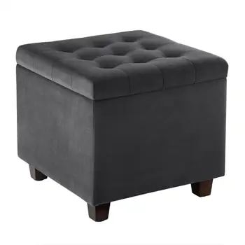 

Multifunction Ottoman Chair Stool Grey Upholstered Footstool Velvet Square Pouffe Chair Storage with Removable Cover