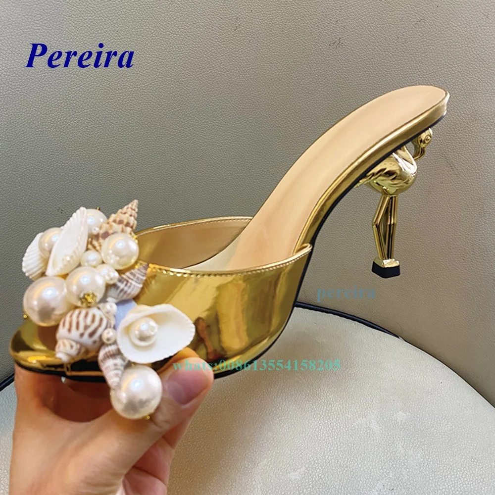 Open Toe Sandals with Shell Pearls 2023 New Arrival Gold Flamingo High Heel Slippers Statement Strange Style Summer Women Shoes
Open Toe Sandals with Shell Pearls 2023 New Arrival Gold Flamingo High Heel Slippers Statement Strange Style Summer Women Shoes