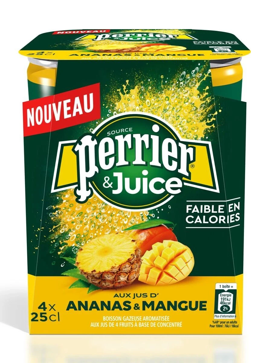 Вода минеральная Perrier газированная со вкусом ананас манго 4 шт а/б по 250