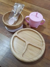 3 unids/set alimentación de bebé de la placa de la cena de alimentación vajilla con silicona succión Copa cuchara de madera de los niños de mercancías