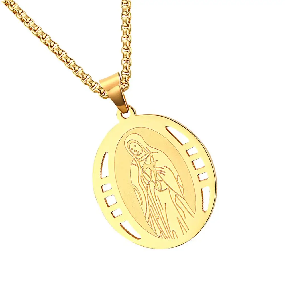 Virgin Mary Oval Pendant Necklace 3.5*2.85cm-1 - Gold 316 Stainless Steel Hollow | Украшения и аксессуары