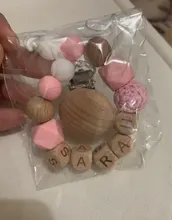 Nombre personalizado de cuentas para masticar de madera de haya, pinzas de chupete, soporte de cadena, cadenas para chupete, juguete para la dentición del bebé