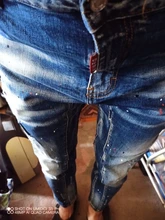 Pantalones vaqueros de algodón rasgados para Hombre, Jeans Retro Azul elásticos ajustados, diseño pintado, Hip Hop