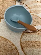 Tazón de silicona para bebé, vajilla de alimentación para bebé, tazón de succión, plato, manija de madera silicona, cuchara, juego de platos para bebé