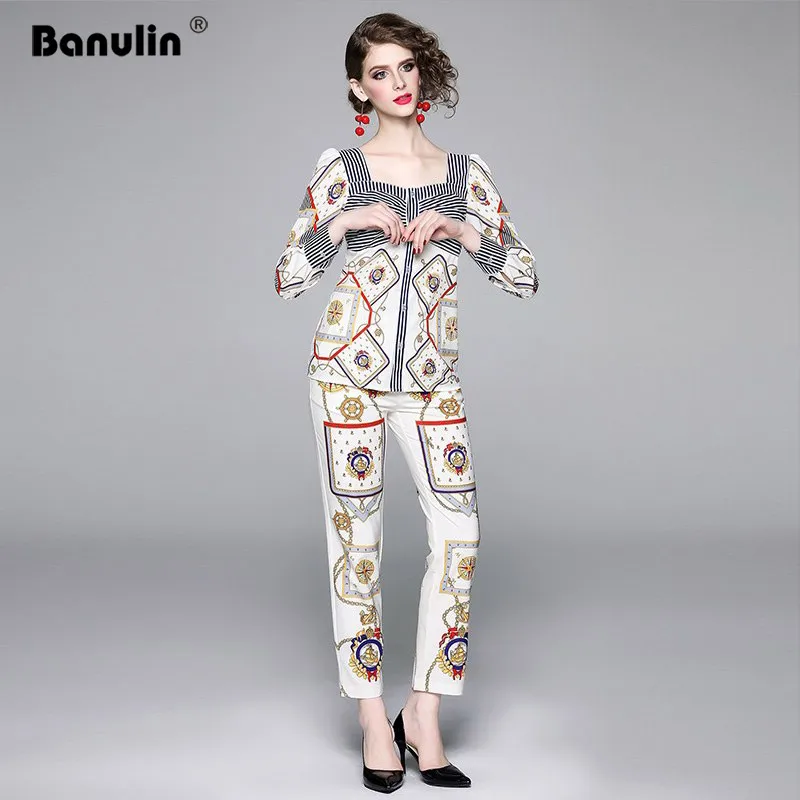 Banulin Women Autumn Suit Runway Fashion Square Collar Stripe Long Sleeve Tops + Vintage Print Pencil Long Pants Two Pieces Set
Banulin Women Autumn Suit Runway Fashion Square Collar Stripe Long Sleeve Tops + Vintage Print Pencil Long Pants Two Pieces Set