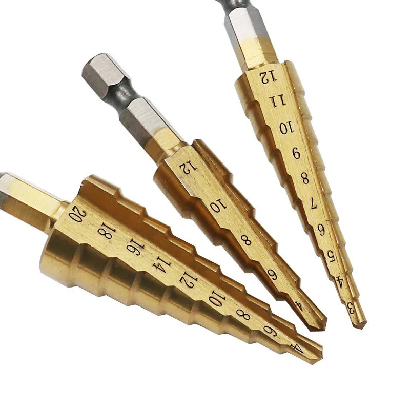 3pcs/Set 4241 HSS Metric 1/4 Hex Shank Titanium Coated Step Drill Bit Auto Deburrs Holes Set Cutter Cone Metal Core Drills Bits
3pcs/Set 4241 HSS Metric 1/4 Hex Shank Titanium Coated Step Drill Bit Auto Deburrs Holes Set Cutter Cone Metal Core Drills Bits
