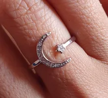 Anillo de plata de primera ley con forma de luna y estrella para mujer, sortija, plata esterlina 925 Plata de Ley auténtica, Circonia cúbica, zirconia, circonita, zirconita, estilo minimalista, 2019