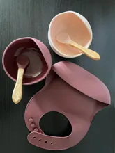 Tazón de silicona para bebé, juego de Baberos antideslizantes, Placa de succión para niños, manija de madera silicona, cuchara, baberos, vajilla de alimentación de bebé