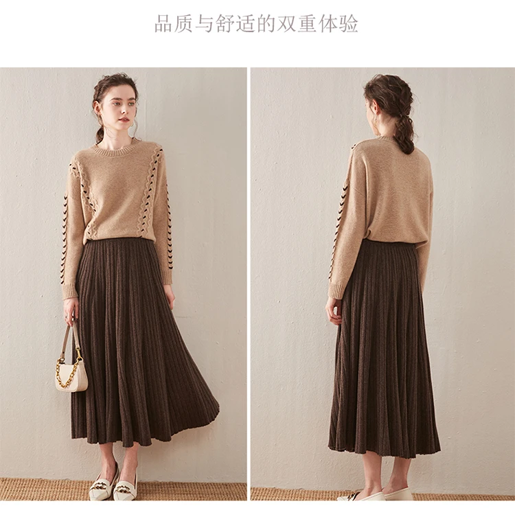 Autumn/Winter Hepburn style vintage black mercerized pure wool knit skirt with a high-waisted versatile pleated skirt