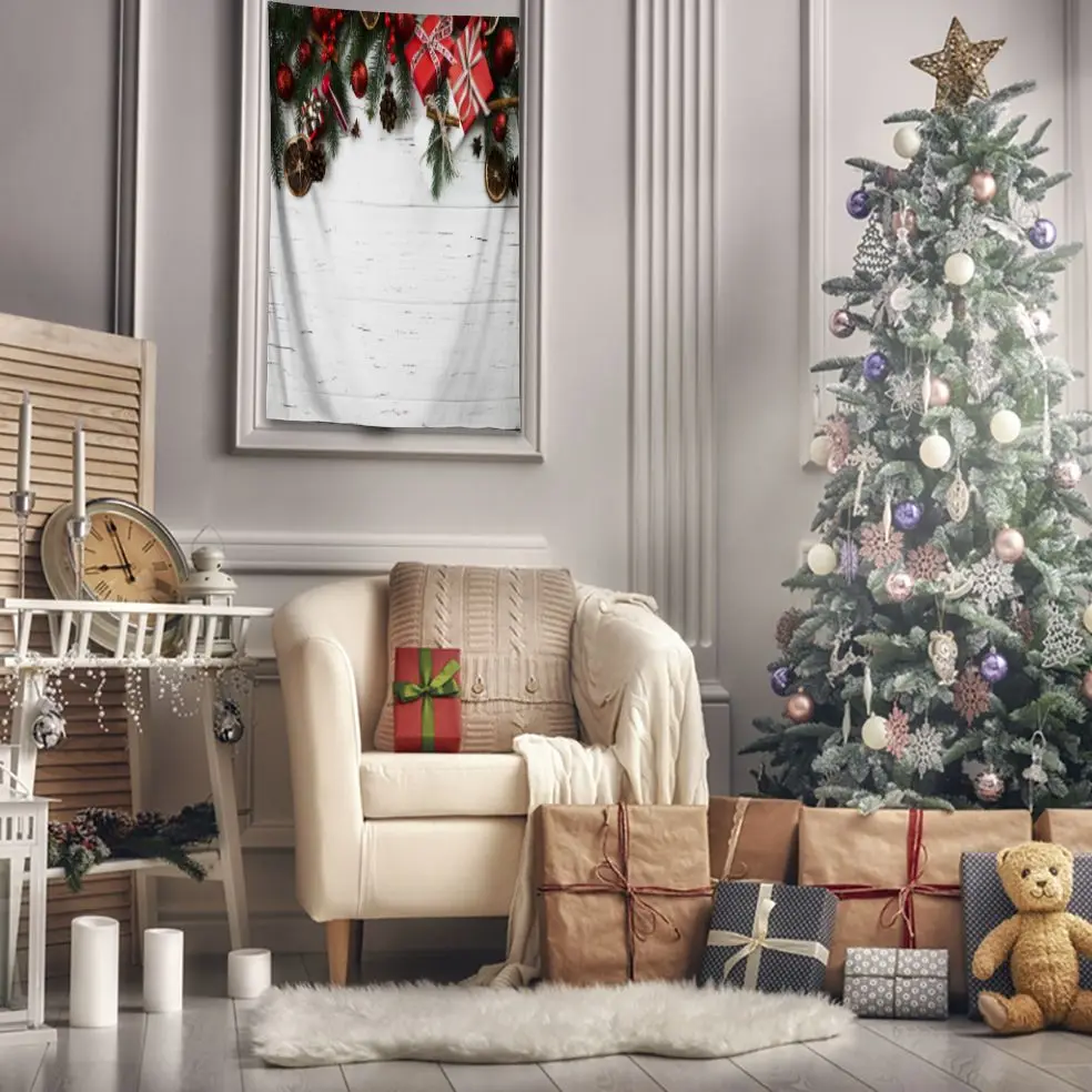 Tapestry Ornaments Baubles Pine Tree Branches Cones Gifts Bells on Wooden Table Photo Red Beige Green
Tapestry Ornaments Baubles Pine Tree Branches Cones Gifts Bells on Wooden Table Photo Red Beige Green