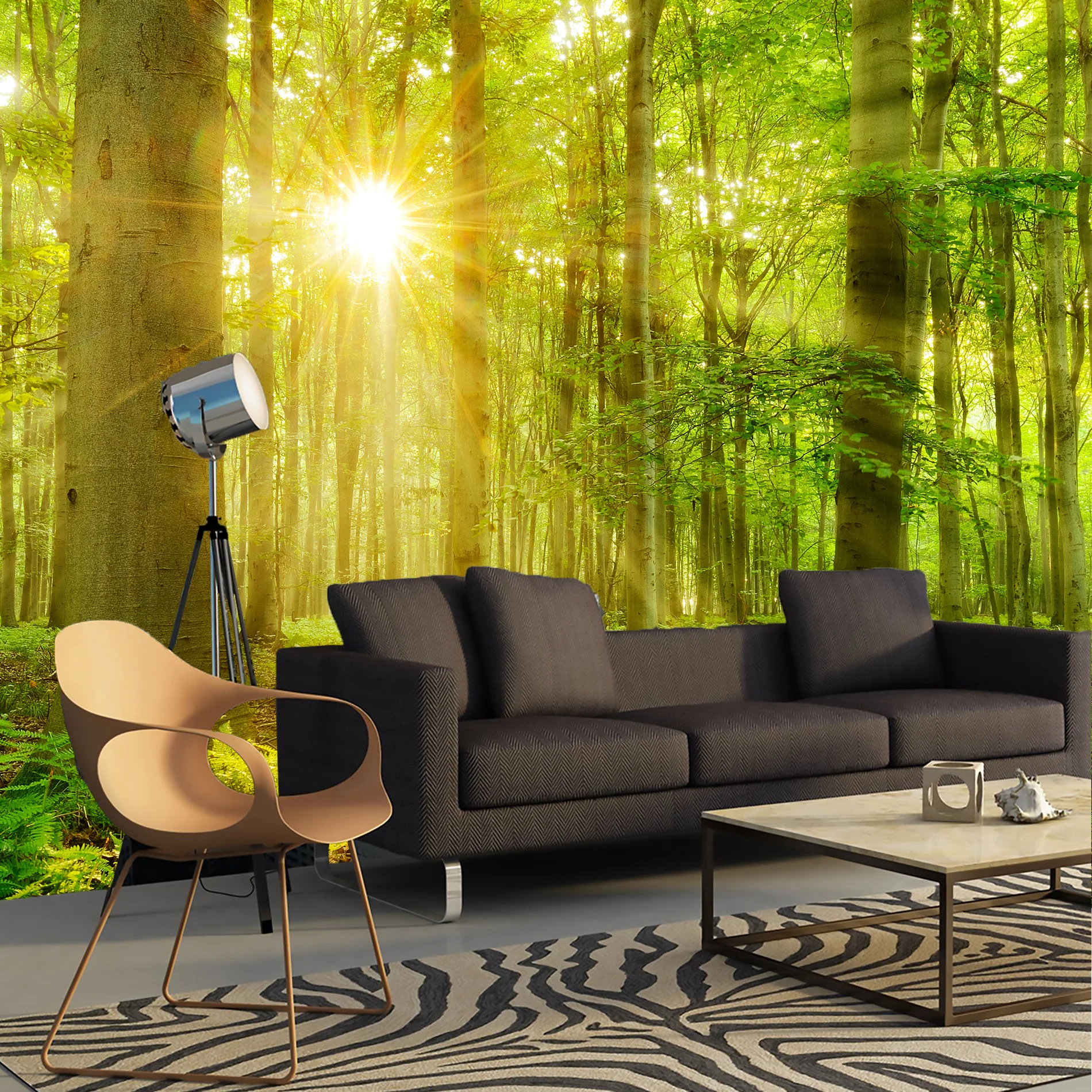 Лес 3D фото обои на стену деревья трава солнце для зала кухни спальни фотообои