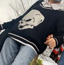 Rapcopter-suéteres Y2K para mujer, suéteres de calaveras con cuello de pico, Tops tejidos informales holgados, ropa de calle, Tops Retro, azul, otoño 2020