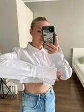 White Shirt Blouse Crop-Top Collar Flare-Sleeve Ladies Tops Turn-Down Bclout Female Sexy