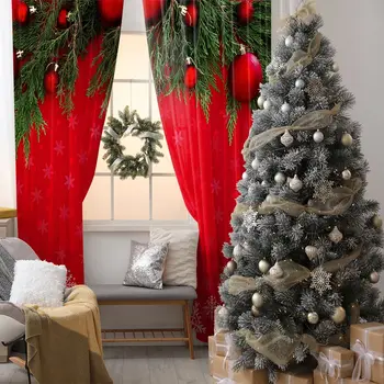 

Decorating Baubles Fir Tree Branches Snowflakes Merry Christmas Theme Green Red White Curtain