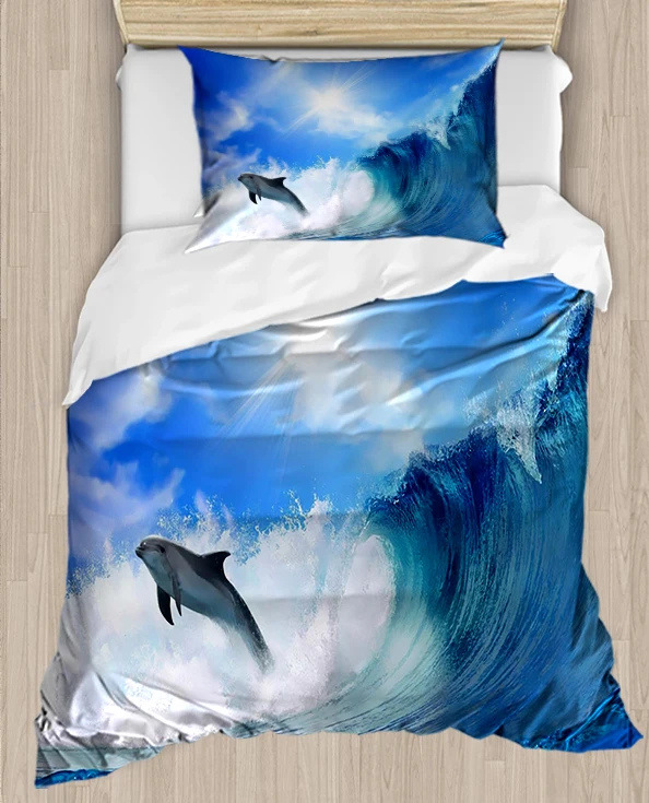 Фото Еще Blue Sea Waves для дельфинов 4 шт 3D печати хлопок сатин один пододеяльник Постельное