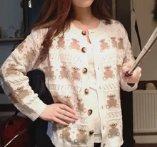 Thin Sweater Button Neck-Cardigan Knitted Beige PERHAPS Bear Women Outwear Short O-Neck