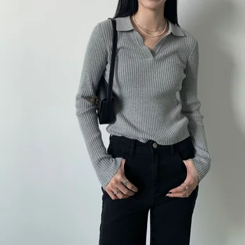 Desfile a Elegância na Primavera com o Cardigã Tricô Listrado da Sweet and Fresh S Home 7 Long Sleeve Knitted Polo Tops Women Light Weight Ribbed Sweater with Collar S