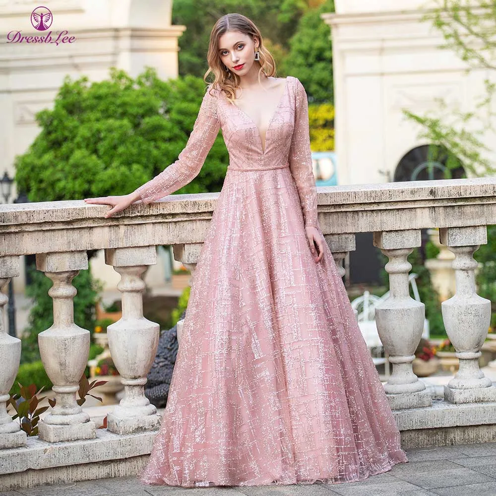 

Sexy halter ball gown 2020 new V-neck long-sleeved tulle formal banquet shiny lace formal dress elegant robe evening dre