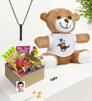 Personalized Mr Jockey Caricature Of Nostalgic Lezzetler Plush Teddy Bear Black Bar Necklace Gift set
Personalized Mr Jockey Caricature Of Nostalgic Lezzetler Plush Teddy Bear Black Bar Necklace Gift set