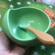 Tazón de silicona para bebé, vajilla de alimentación para bebé, tazón de succión, plato, manija de madera silicona, cuchara, juego de platos para bebé
