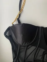 Criptográfico de malla negro Bodi transparente de cadena de Metal sin respaldo tirantes body Sexy Bodycon mono del Club de la moda de fiesta