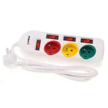 Multiple Base for 3 Schuko type plugs with single switches and 3 meters cable --- Extension power cord, outlet strip, thief, ground
Multiple Base for 3 Schuko type plugs with single switches and 3 meters cable --- Extension power cord, outlet strip, thief, ground