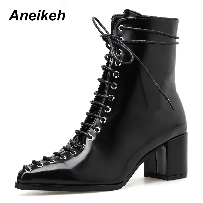 

Aneikeh 2020 Spring Autumn Patent Leather Boots Women Point Toe Fashion Cross-tied Lace-Up Ladies Chelsea Boots High Heel Shoes