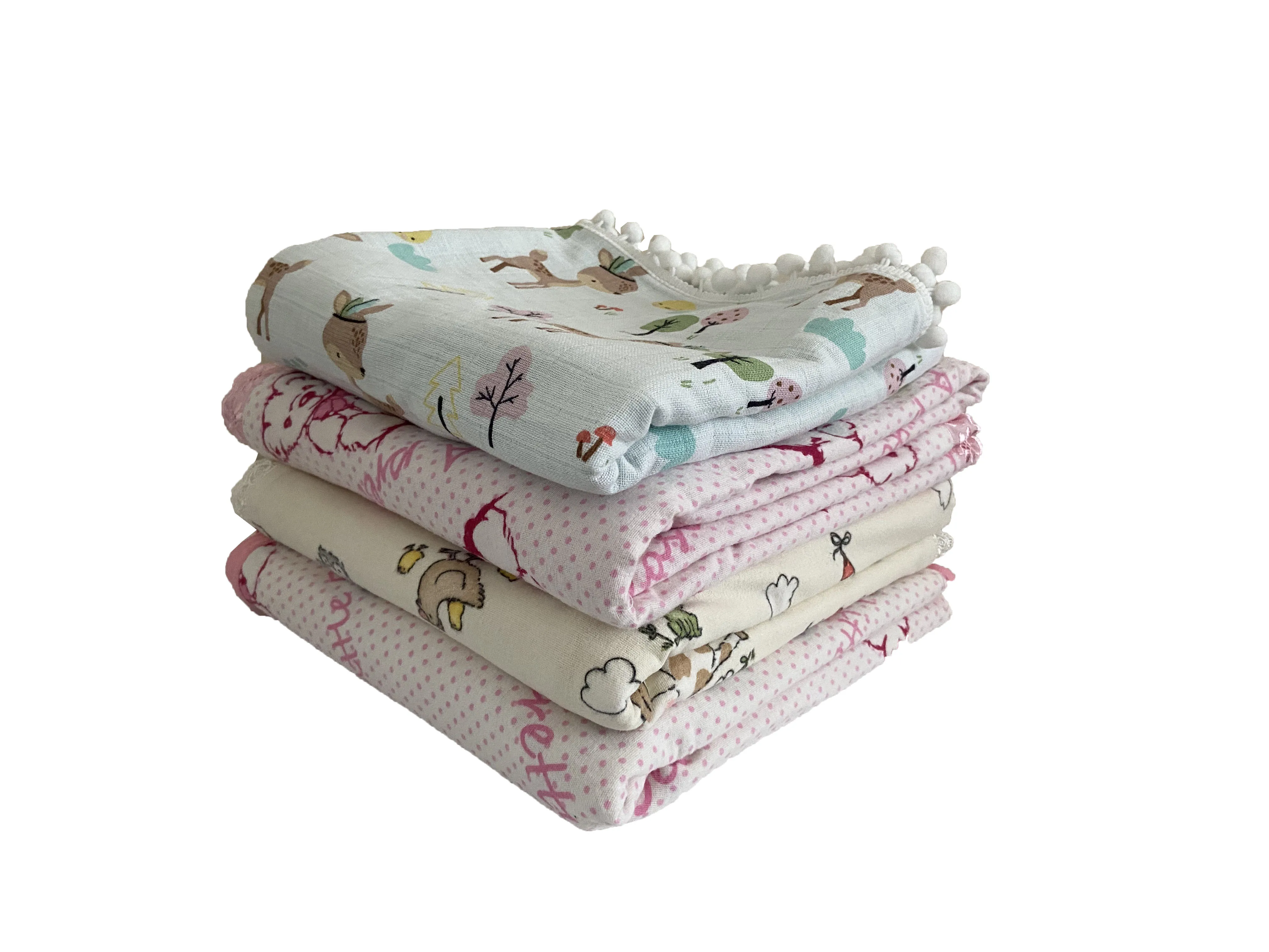 

100% Cotton Flannel Fabric Double-Sided Use With Lace Pompom Detail Doesn't Make You Sweat Keeps Warm 4-Season Baby Blanket
