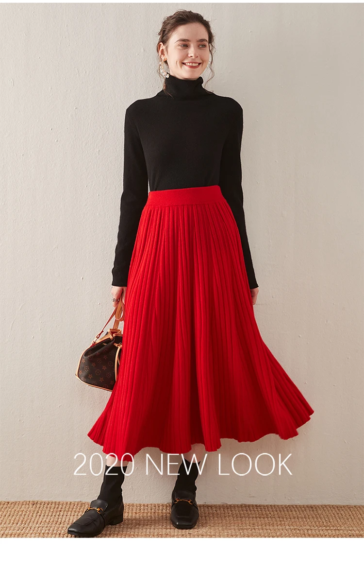 Autumn/Winter Hepburn style vintage black mercerized pure wool knit skirt with a high-waisted versatile pleated skirt