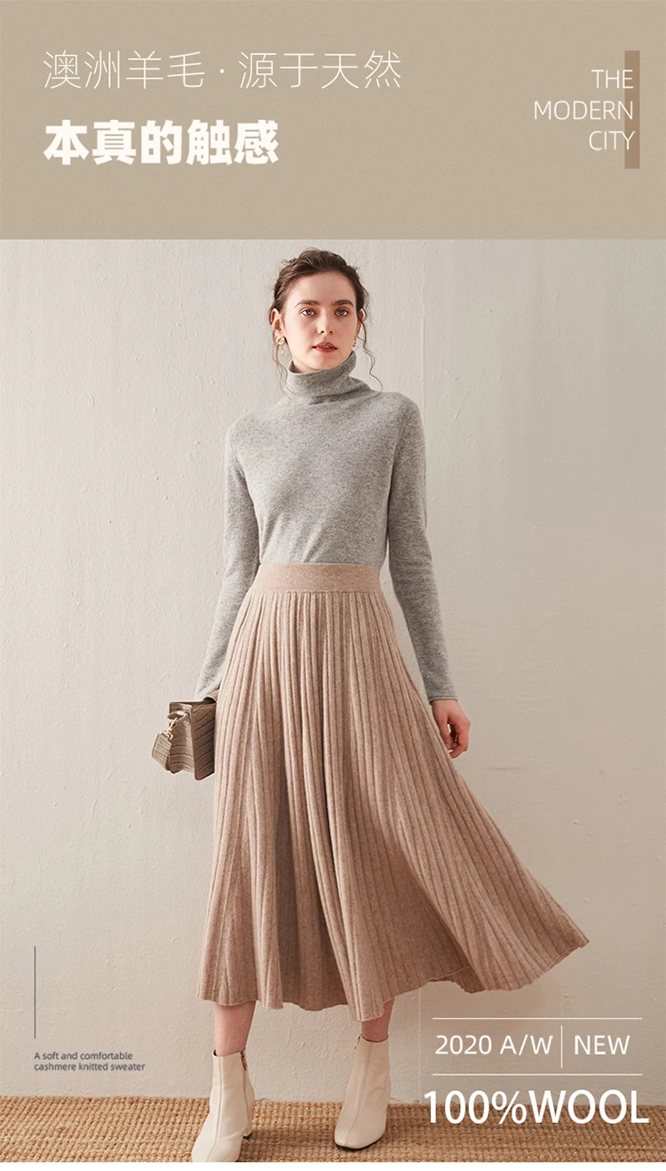 Autumn/Winter Hepburn style vintage black mercerized pure wool knit skirt with a high-waisted versatile pleated skirt