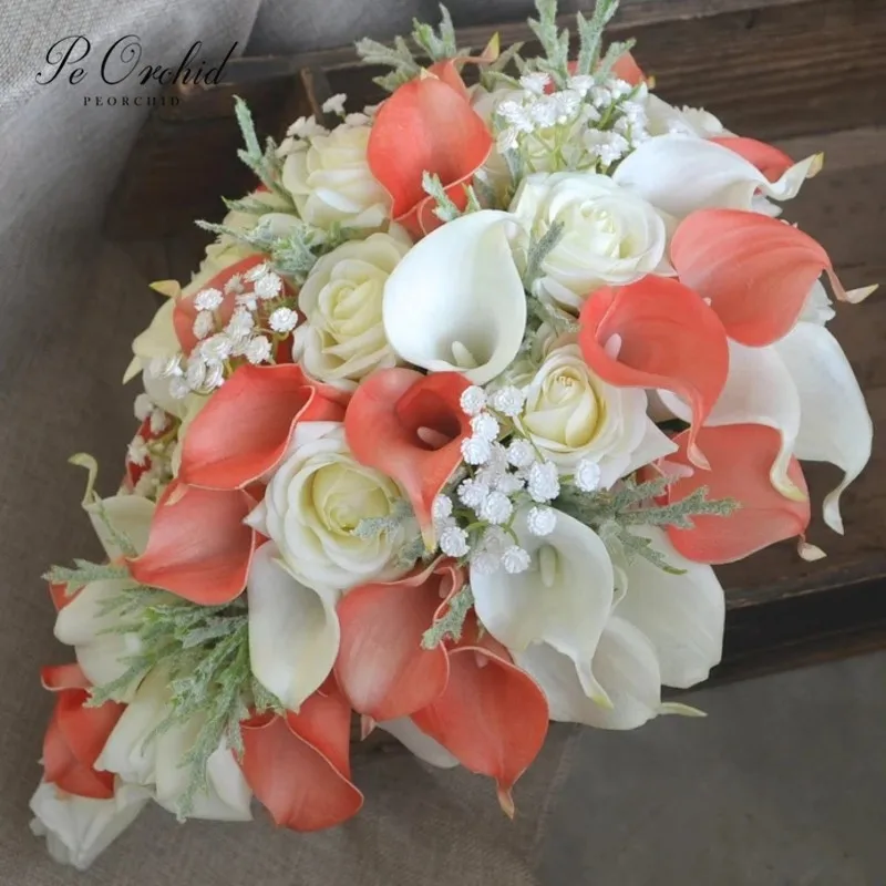 

PEORCHID Cascade Bridal Bouquet Coral Ivory Artificial Waterfall Calla Lily Bouquet Roses baby's Breath Flowers Wedding Decor