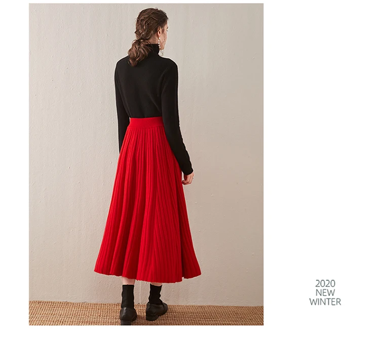 Autumn/Winter Hepburn style vintage black mercerized pure wool knit skirt with a high-waisted versatile pleated skirt
