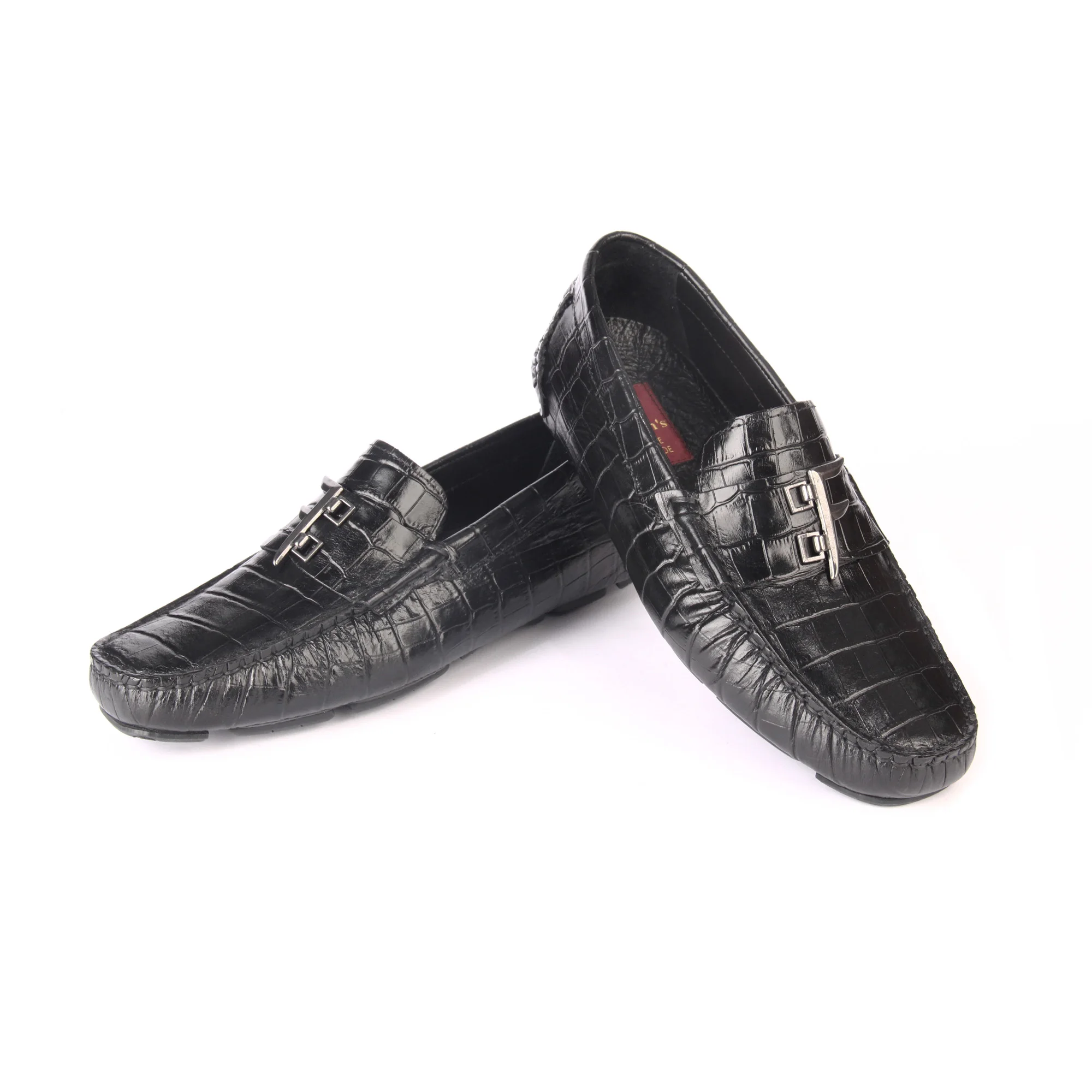 

Handmade Black Flexible Loafers with Crocodile Skin Patterned Calf Leather, Metal Logo Sign, Men's Casual Fashion Footwear 2021