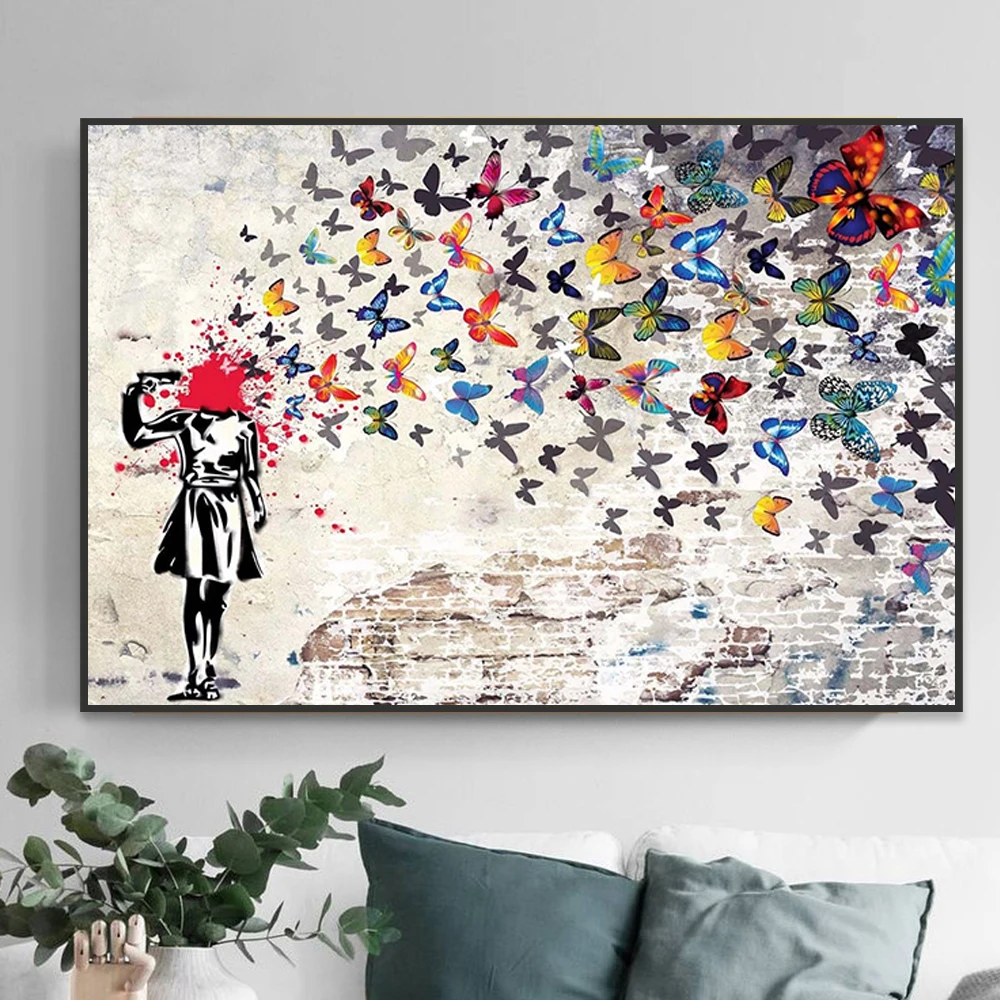 

Banksy Artwork Girl With Butterfly Canvas Paintings On The Wall Abstract Horse Riding Pictures Prints for Modern Home Room Decor