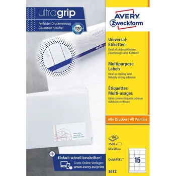 Avery zweckform Universal labels, 64x50mm, I-J + l + K, , 1500 PCs
Avery zweckform Universal labels, 64x50mm, I-J + l + K, , 1500 PCs